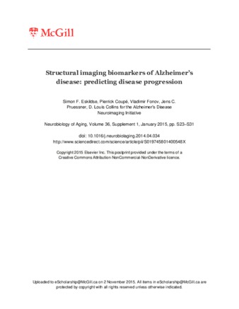 Structural imaging biomarkers of Alzheimer’s disease: predicting disease progression thumbnail