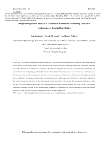 Weighted Regression Analysis to Correct for Informative Monitoring Times and Confounders in Longitudinal Studies thumbnail