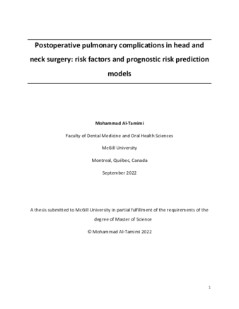 Postoperative pulmonary complications in head and neck surgery: risk factors and prognostic risk prediction models thumbnail