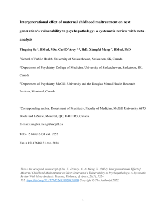Intergenerational Effect of Maternal Childhood Maltreatment on Next Generation’s Vulnerability to Psychopathology: A Systematic Review With Meta-Analysis. thumbnail