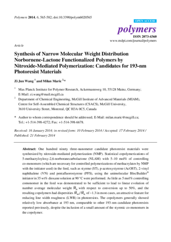 Synthesis of Narrow Molecular Weight Distribution Norbornene-Lactone Functionalized Polymers by Nitroxide-Mediated Polymerization: Candidates for 193-nm Photoresist Materials thumbnail