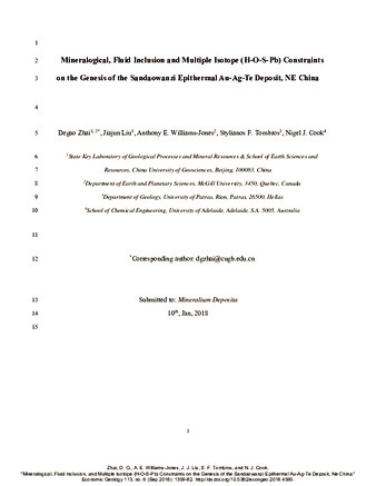 Mineralogical, Fluid Inclusion, and Multiple Isotope (H-O-S-Pb) Constraints on the Genesis of the Sandaowanzi Epithermal Au-Ag-Te Deposit, NE China thumbnail