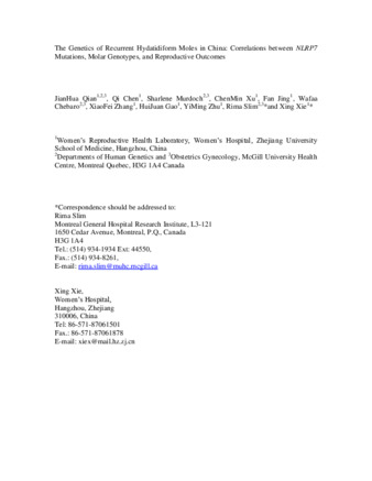 The Genetics of Recurrent Hydatidiform Moles in China: Correlations between NLRP7 Mutations, Molar Genotypes, and Reproductive Outcomes thumbnail