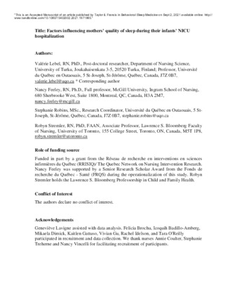 Factors Influencing Mothers’ Quality of Sleep during Their Infants’ NICU Hospitalization thumbnail