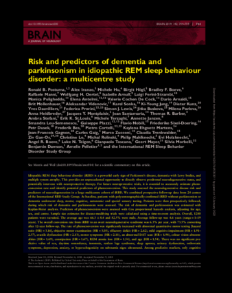 Risk and predictors of dementia and parkinsonism in idiopathic REM sleep behaviour disorder: a multicentre study thumbnail