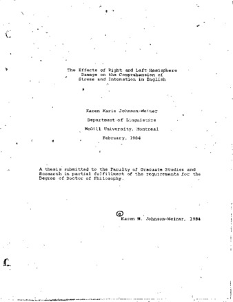 The effects of right and left hemisphere damage on the comprehension of stress and intonation in English / thumbnail