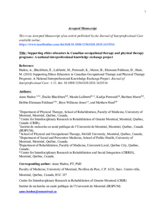 Supporting ethics educators in Canadian occupational therapy and physical therapy programs: A national interprofessional knowledge exchange project thumbnail