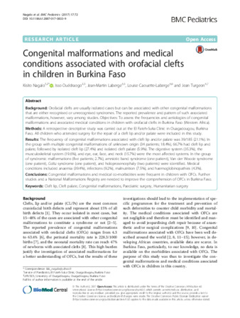 Congenital malformations and medical conditions associated with orofacial clefts in children in Burkina Faso thumbnail