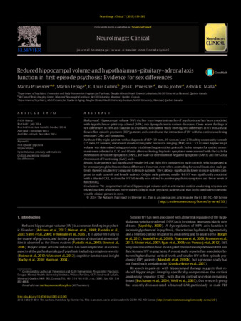 Reduced hippocampal volume and hypothalamus–pituitary–adrenal axis function in first episode psychosis: Evidence for sex differences thumbnail