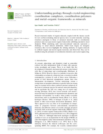 Understanding geology through crystal engineering: coordination complexes, coordination polymers and metal–organic frameworks as minerals thumbnail