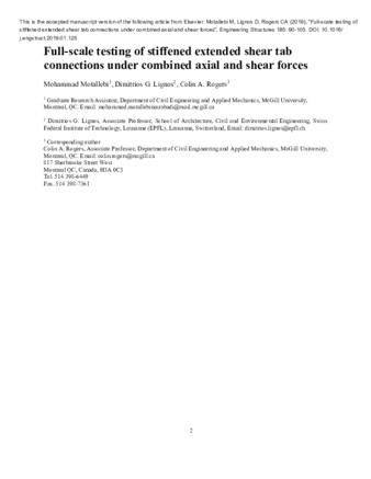 Full-scale testing of stiffened extended shear tab connections under combined axial and shear forces thumbnail