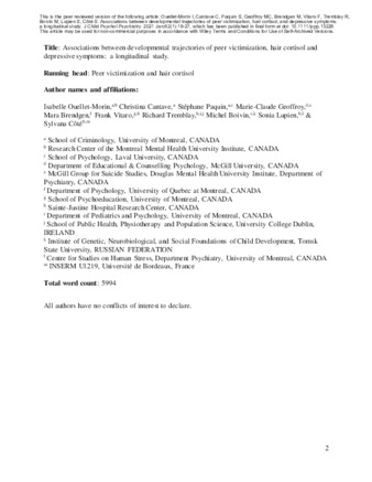 Associations between developmental trajectories of peer victimization, hair cortisol and depressive symptoms: a longitudinal study. thumbnail