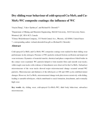 Dry sliding wear behaviour of cold-sprayed Cu-MoS2 and Cu-MoS2-WC composite coatings: The influence of WC thumbnail