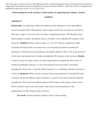 Understanding the Needs of Primary School Teachers in Supporting Their Students' Emotion Regulation thumbnail