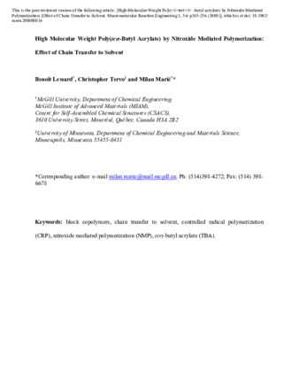 High-Molecular-Weight Poly(tert-butyl acrylate) by Nitroxide-Mediated Polymerization: Effect of Chain Transfer to Solvent thumbnail
