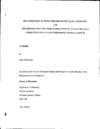 Polymer films as media for organometallic chemistry, and the preparation and characterization of an electrically conducting poly(3-alkylthiophene)-iron(II) complex thumbnail