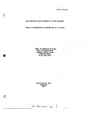 Des esseintes selon Huysmans et selon Mallarmé : essai d'interpretation synthetique de la poésie. thumbnail