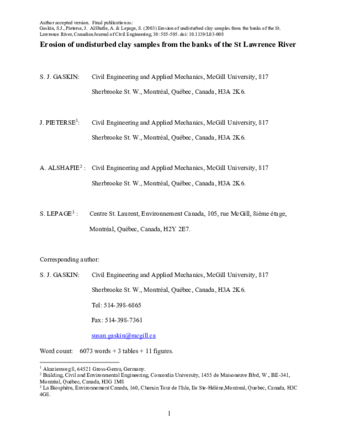 Erosion of undisturbed clay samples from the banks of the St. Lawrence River thumbnail