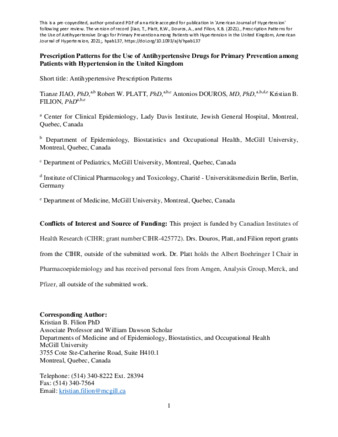 Prescription Patterns for the Use of Antihypertensive Drugs for Primary Prevention among Patients with Hypertension in the United Kingdom thumbnail