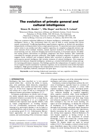 The evolution of primate general and cultural intelligence thumbnail