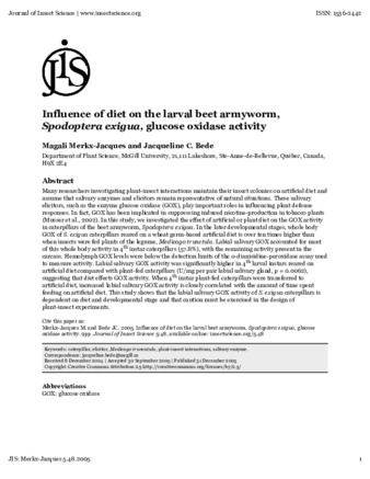 Influence of diet on the larval beet armyworm, Spodoptera exigua, glucose oxidase activity thumbnail