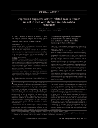 Depression Augments Activity-Related Pain in Women but not in Men with Chronic Musculoskeletal Conditions thumbnail