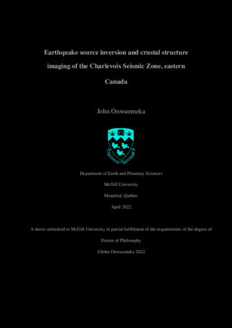 Earthquake source inversion and crustal structure imaging of the Charlevoix seismic zone, eastern Canada thumbnail