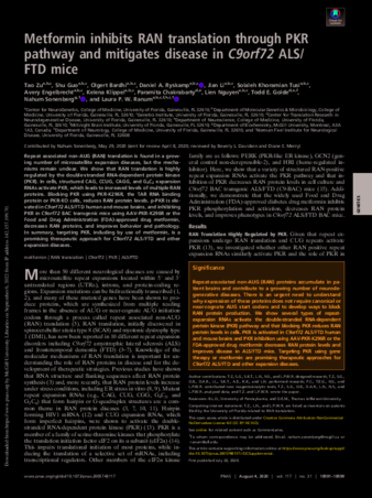 Metformin inhibits RAN translation through PKR pathway and mitigates disease in C9orf72 ALS/FTD mice thumbnail