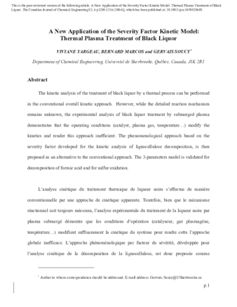 A New Application of the Severity Factor Kinetic Model: Thermal Plasma Treatment of Black Liquor thumbnail