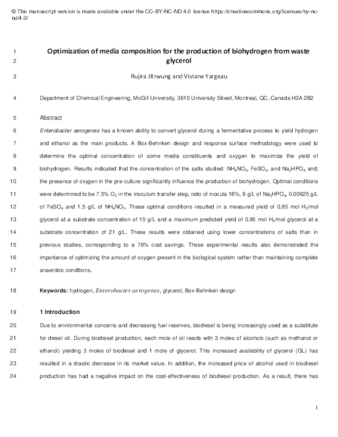 Optimization of media composition for the production of biohydrogen from waste glycerol thumbnail