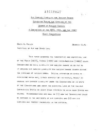 Air carrier liability for nuclear damage occurring during the carriage of the sources of nuclear energy: a comparison of the OECD, IAEA and the IANEC draft conventions. thumbnail