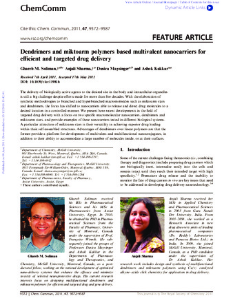 Dendrimers and miktoarm polymers based multivalent nanocarriers for efficient and targeted drug delivery thumbnail