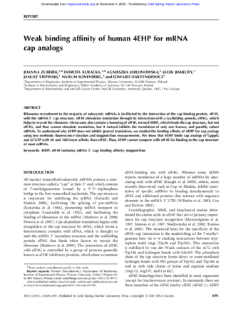 Weak binding affinity of human 4EHP for mRNA cap analogs thumbnail