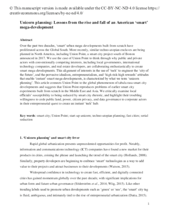 Unicorn planning: Lessons from the rise and fall of an American ‘smart’ mega-development thumbnail