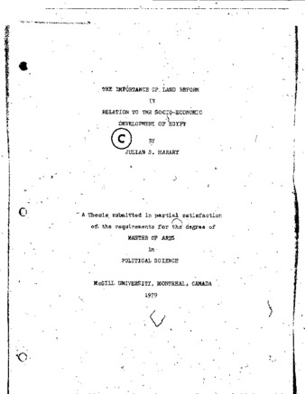 The importance of land reform in relation to the socio-economic development of Egypt / thumbnail