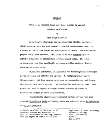 Studies on selected fungi and their ability to control nematode populations. thumbnail