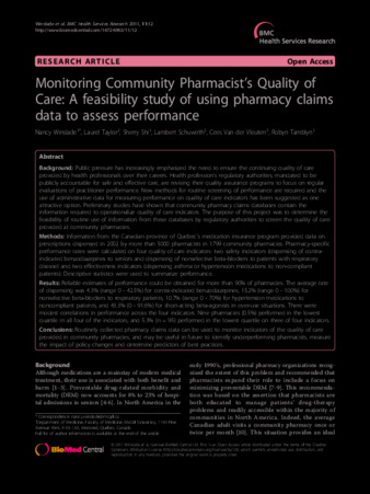 Monitoring Community Pharmacist's Quality of Care: A feasibility study of using pharmacy claims data to assess performance thumbnail