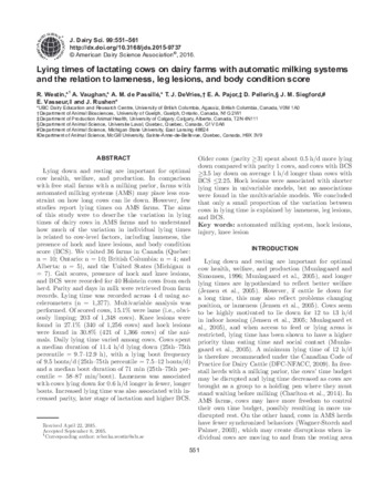 Lying times of lactating cows on dairy farms with automatic milking systems and the relation to lameness, leg lesions, and body condition score thumbnail