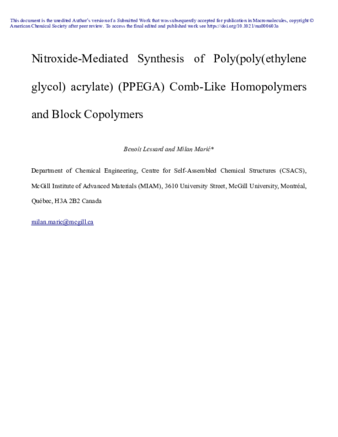 Nitroxide-Mediated Synthesis of Poly(poly(ethylene glycol) acrylate) (PPEGA) Comb-Like Homopolymers and Block Copolymers thumbnail