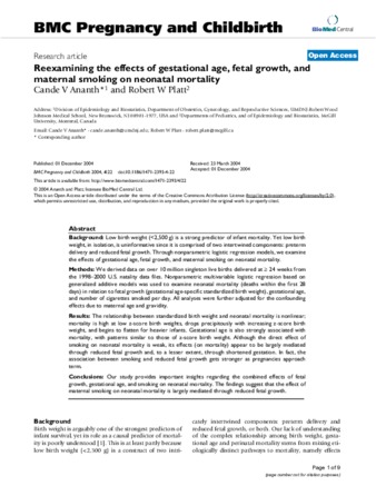 Reexamining the effects of gestational age, fetal growth, and maternal smoking on neonatal mortality thumbnail