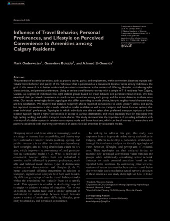 Influence of Travel Behavior, Personal Preferences, and Lifestyle on Perceived Convenience to Amenities among Calgary Residents thumbnail