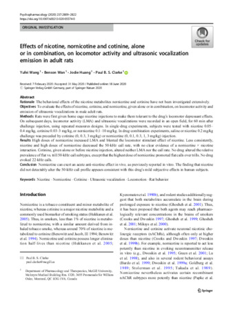 Effects of nicotine, nornicotine and cotinine, alone or in combination, on locomotor activity and ultrasonic vocalization emission in adult rats thumbnail