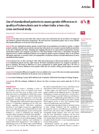 Use of standardised patients to assess gender differences in quality of tuberculosis care in urban India: a two-city, cross-sectional study thumbnail