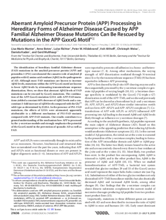 Aberrant Amyloid Precursor Protein (APP) Processing in Hereditary Forms of Alzheimer Disease Caused by APP Familial Alzheimer Disease Mutations Can Be Rescued by Mutations in the APP GxxxG Motif* thumbnail