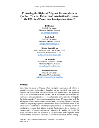 Protecting the Rights of Migrant Farmworkers in Quebec: To what Extent can Unionization Overcome the Effects of Precarious Immigration Status? thumbnail