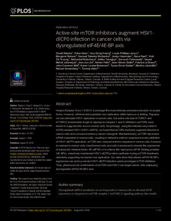 Active-site mTOR inhibitors augment HSV1-dICP0 infection in cancer cells via dysregulated eIF4E/4E-BP axis thumbnail