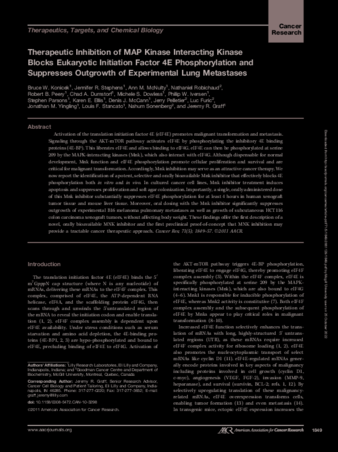 Therapeutic Inhibition of MAP Kinase Interacting Kinase Blocks Eukaryotic Initiation Factor 4E Phosphorylation and Suppresses Outgrowth of Experimental Lung Metastases thumbnail