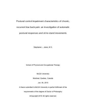 Postural control impairment characteristics of chronic, recurrent low back pain: an investigation of automatic postural responses and sit-to-stand movements thumbnail