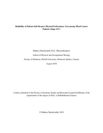 Reliability of patient self-measure physical performance test among mixed cancer patients (stage I-IV) thumbnail