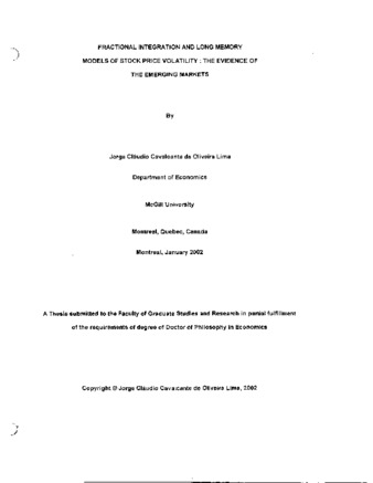 Fractional integration and long memory models of stock price volatility : the evidence of the emerging markets thumbnail